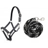 Juego de cabezada y cuerda de conducción 180 cm con mosquetón HKM Stars - Negro / plata