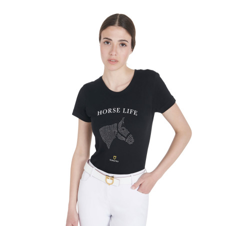 Camiseta mujer Equestro corte slim Horse Life con strass mangas cortas