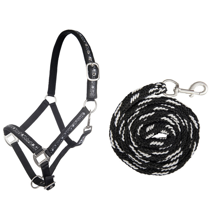 Set de cabezada y ramal 180cm mosquetón HKM Stars