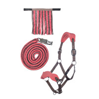 Set de cabestro HKM con mosquetón antipánico y flecos desmontables Moka / rosa lechoso