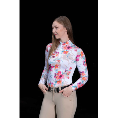 Camiseta técnica HKM Flower de manga larga Blanco / rosa vivo Motifs