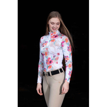 Camiseta técnica HKM Flower de manga larga Blanco / rosa vivo Motifs