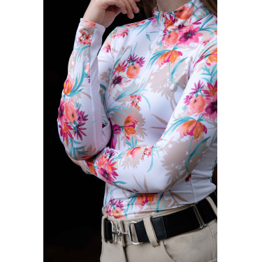 Camiseta técnica HKM Flower de manga larga Blanco / rosa vivo Motifs