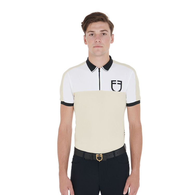 Polo de entrenamiento bicolor ajustado de manga corta con cremallera para hombre Equestro Polo de entrenamiento bicolor ajustado de manga corta con cremallera para hombre Equestro