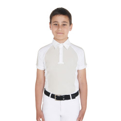 Polo de concurso para niño entallado de manga corta con 4 botones Equestro Crudo Beige