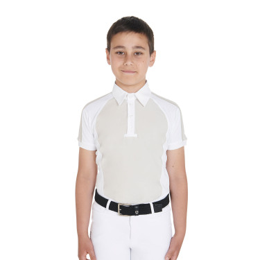 Polo de concurso para niño entallado de manga corta con 4 botones Equestro Crudo Beige