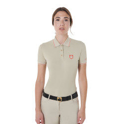 Polo de entrenamiento ajustado de tejido transpirable para mujer Equestro Oxford tostado / rojo amapola Beige