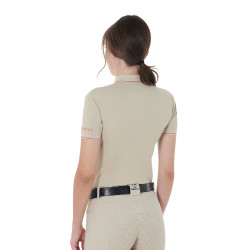Polo de entrenamiento ajustado de tejido transpirable para mujer Equestro Oxford tostado / rojo amapola Beige