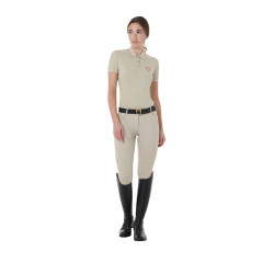 Polo de entrenamiento ajustado de tejido transpirable para mujer Equestro Oxford tostado / rojo amapola Beige