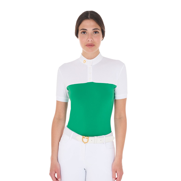 Polo entallado de tejido técnico y malla de manga corta para mujer Equestro