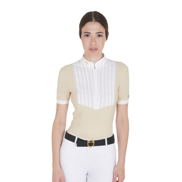 Polo ajustado de algodón plisado de manga corta para mujer Equestro Polo ajustado de algodón plisado de manga corta para mujer Equestro