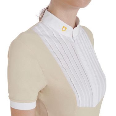Polo ajustado de algodón plisado de manga corta para mujer Equestro Polo ajustado de algodón plisado de manga corta para mujer Equestro