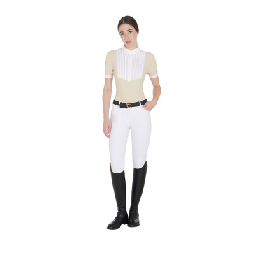 Polo ajustado de algodón plisado de manga corta para mujer Equestro Polo ajustado de algodón plisado de manga corta para mujer Equestro