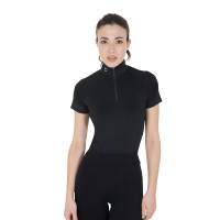 Capa base ajustada de manga corta para mujer en tejido técnico Equestro Negro / negro Capa base ajustada de manga corta para mujer en tejido técnico Equestro Negro / negro