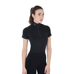 Capa base ajustada de manga corta para mujer en tejido técnico Equestro Negro / lila Capa base ajustada de manga corta para mujer en tejido técnico Equestro Negro / lila