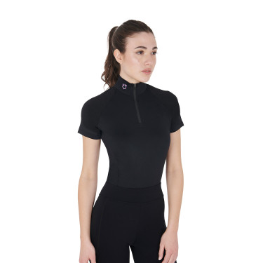 Capa base ajustada de manga corta para mujer en tejido técnico Equestro Negro / lila Capa base ajustada de manga corta para mujer en tejido técnico Equestro Negro / lila