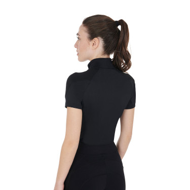 Capa base ajustada de manga corta para mujer en tejido técnico Equestro Negro / lila Capa base ajustada de manga corta para mujer en tejido técnico Equestro Negro / lila