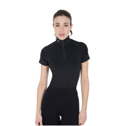 Capa base ajustada de manga corta para mujer en tejido técnico Equestro Negro / lila Capa base ajustada de manga corta para mujer en tejido técnico Equestro Negro / lila