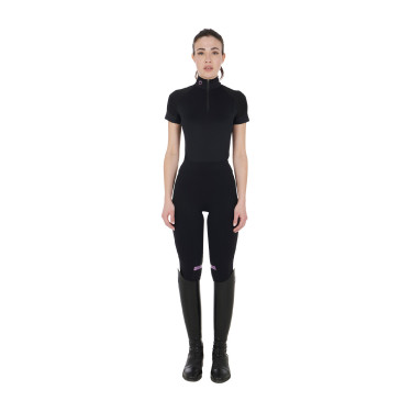 Capa base ajustada de manga corta para mujer en tejido técnico Equestro Negro / lila Capa base ajustada de manga corta para mujer en tejido técnico Equestro Negro / lila