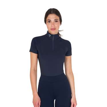 Capa base ajustada de manga corta para mujer en tejido técnico Equestro Blazer marino / blanco Azul marino