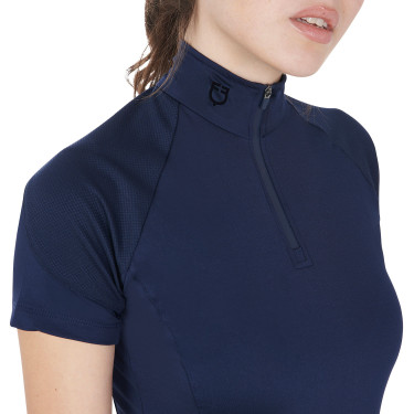 Capa base ajustada de manga corta para mujer en tejido técnico Equestro Blazer marino / negro Azul marino Capa base ajustada de manga corta para mujer en tejido técnico Equestro Blazer marino / negro Azul marino