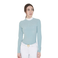 Polo de concurso para mujer de manga larga en tejido técnico y malla Equestro Niebla gris Azul Polo de concurso para mujer de manga larga en tejido técnico y malla Equestro Niebla gris Azul