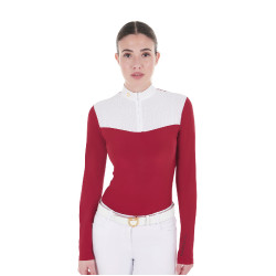 Polo de concurso para mujer de manga larga en tejido técnico y malla Equestro Scooter Beige
