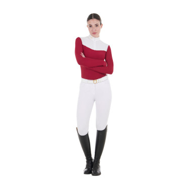 Polo de concurso para mujer de manga larga en tejido técnico y malla Equestro Scooter Beige
