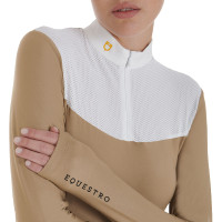 Polo de concurso para mujer de manga larga en tejido técnico y malla Equestro Niebla gris Azul Polo de concurso para mujer de manga larga en tejido técnico y malla Equestro Niebla gris Azul