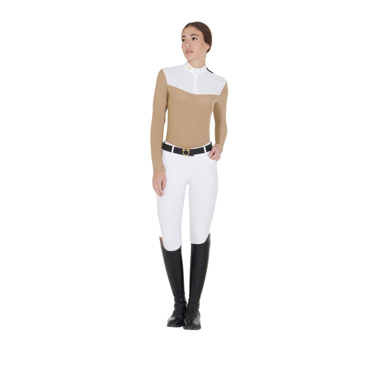 Polo de concurso para mujer de manga larga en tejido técnico y malla Equestro Polo de concurso para mujer de manga larga en tejido técnico y malla Equestro