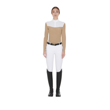 Polo de concurso para mujer de manga larga en tejido técnico y malla Equestro Polo de concurso para mujer de manga larga en tejido técnico y malla Equestro