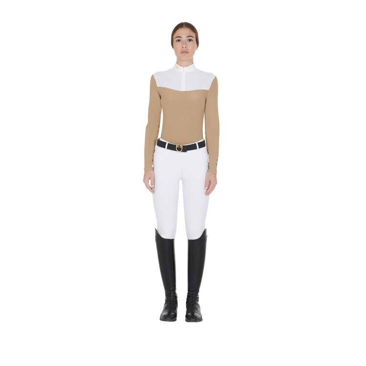 Polo de concurso para mujer de manga larga en tejido técnico y malla Equestro Polo de concurso para mujer de manga larga en tejido técnico y malla Equestro