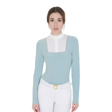 Polo de concurso Mujer Manga Larga con Botones Equestro Niebla gris Azul