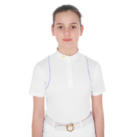 Polo de competición entallado para niñas con botones Equestro Blanco / violeta dalia