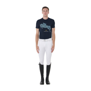 Camiseta de algodón Equestro para hombre corte slim estampado Jump Marino Azul marino