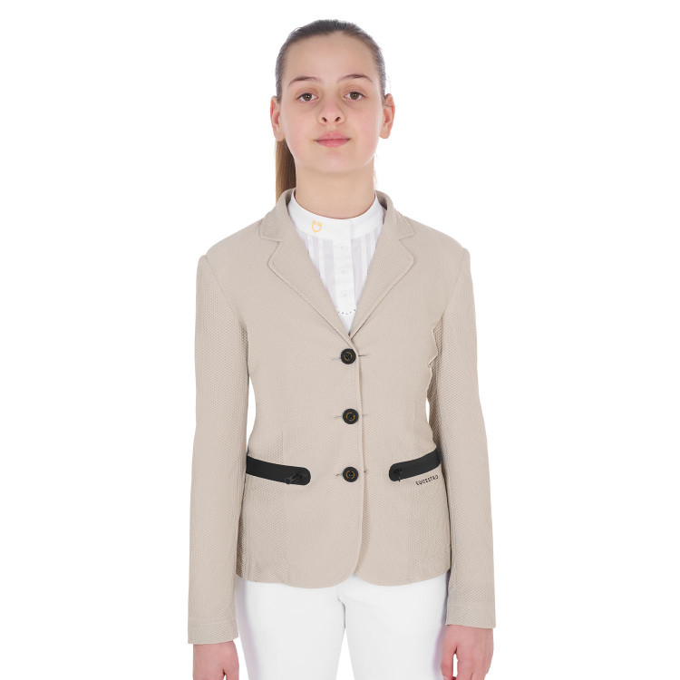 Chaqueta de concurso de tres botones para niña en malla Equestro Chaqueta de concurso de tres botones para niña en malla Equestro