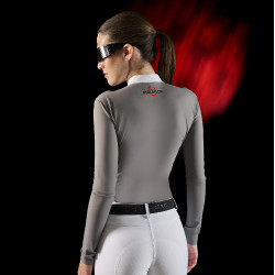 Polo de concurso para mujer Equestro Ridertechnology de manga larga con cremallera Pájaro burlón Gris