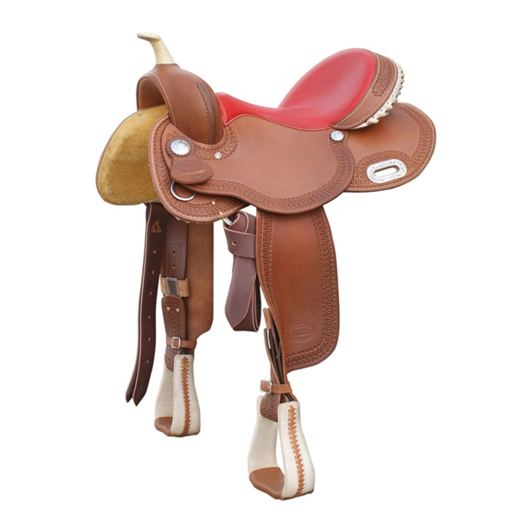 Silla Barrel 5020 de Pool con asiento rojo y adornos de rawhide colorido