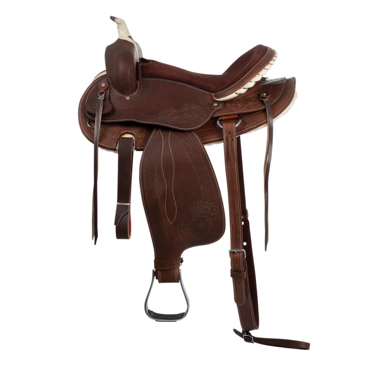 Silla western Lakota con faldón redondo grabado y con hilo de plata
