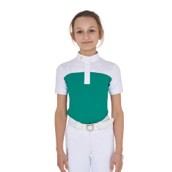 Polo de niña de concurso con mangas cortas y botones con malla Equestro Verde ultramar