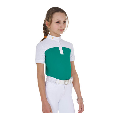 Polo de niña de concurso con mangas cortas y botones con malla Equestro Verde ultramar