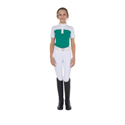 Polo de niña de concurso con mangas cortas y botones con malla Equestro Verde ultramar