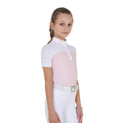 Polo de niña de concurso con mangas cortas y botones con malla Equestro Bailarina Rosa