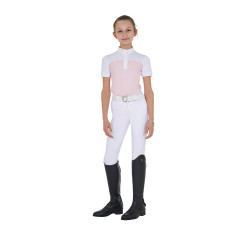 Polo de niña de concurso con mangas cortas y botones con malla Equestro Bailarina Rosa