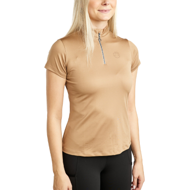 Camiseta de entrenamiento de manga corta Montar MoElaine con logo recortado con láser para mujer Latté Camiseta de entrenamiento de manga corta Montar MoElaine con logo recortado con láser para mujer Latté