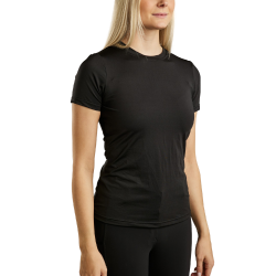 Camiseta de punto de manga corta Montar MoStella con logotipo impreso con láser para mujer Negro