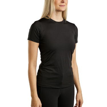 Camiseta de punto de manga corta Montar MoStella con logotipo impreso con láser para mujer Negro