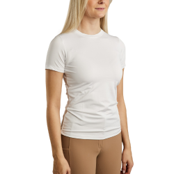Camiseta de punto de manga corta Montar MoStella con logotipo impreso con láser para mujer