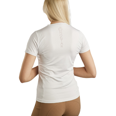 Camiseta de punto de manga corta Montar MoStella con logotipo impreso con láser para mujer Camiseta de punto de manga corta Montar MoStella con logotipo impreso con láser para mujer