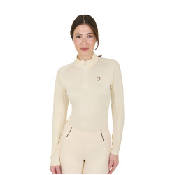 Capa base ajustada de manga larga para mujer en tejido técnico Equestro Blanco antiguo / marrón